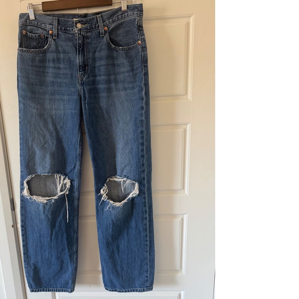 Levis sz 29 Women Blue Low Pro Straight Leg Dark Denim Distressed Baggy Jeans - Picture 4 of 15